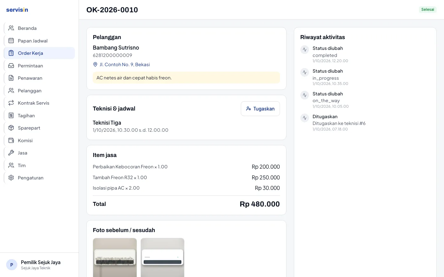 Daftar Order Kerja Servisin dengan nomor, pelanggan, teknisi, jadwal, total, dan status tiap order