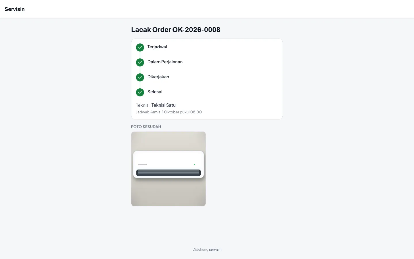 Halaman lacak order publik Servisin: tahapan Terjadwal, Dalam Perjalanan, Dikerjakan, Selesai, dan foto sesudah