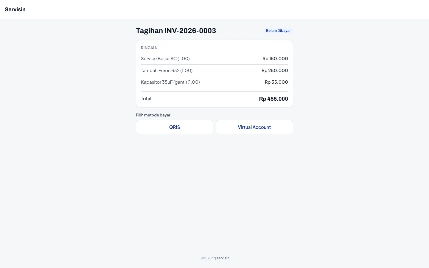 Halaman tagihan publik Servisin: rincian servis, total, dan status Belum Dibayar, dengan pilihan bayar QRIS atau Virtual Account