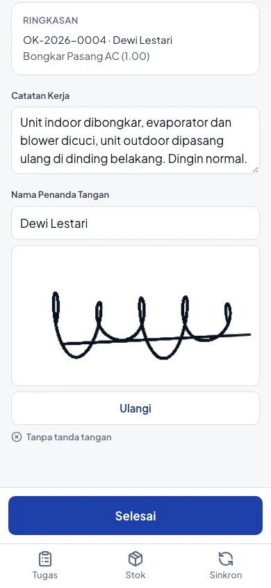 Layar kerja order di HP teknisi Servisin: tombol Telepon, WA, Peta, foto sebelum dan sesudah, catatan kerja, dan tombol Selesaikan