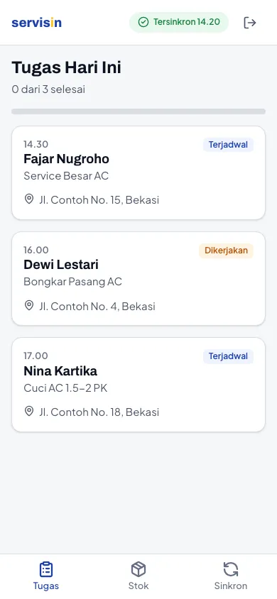 Tugas Hari Ini di HP teknisi Servisin: satu order kerja dengan jam, pelanggan, status, dan lokasi